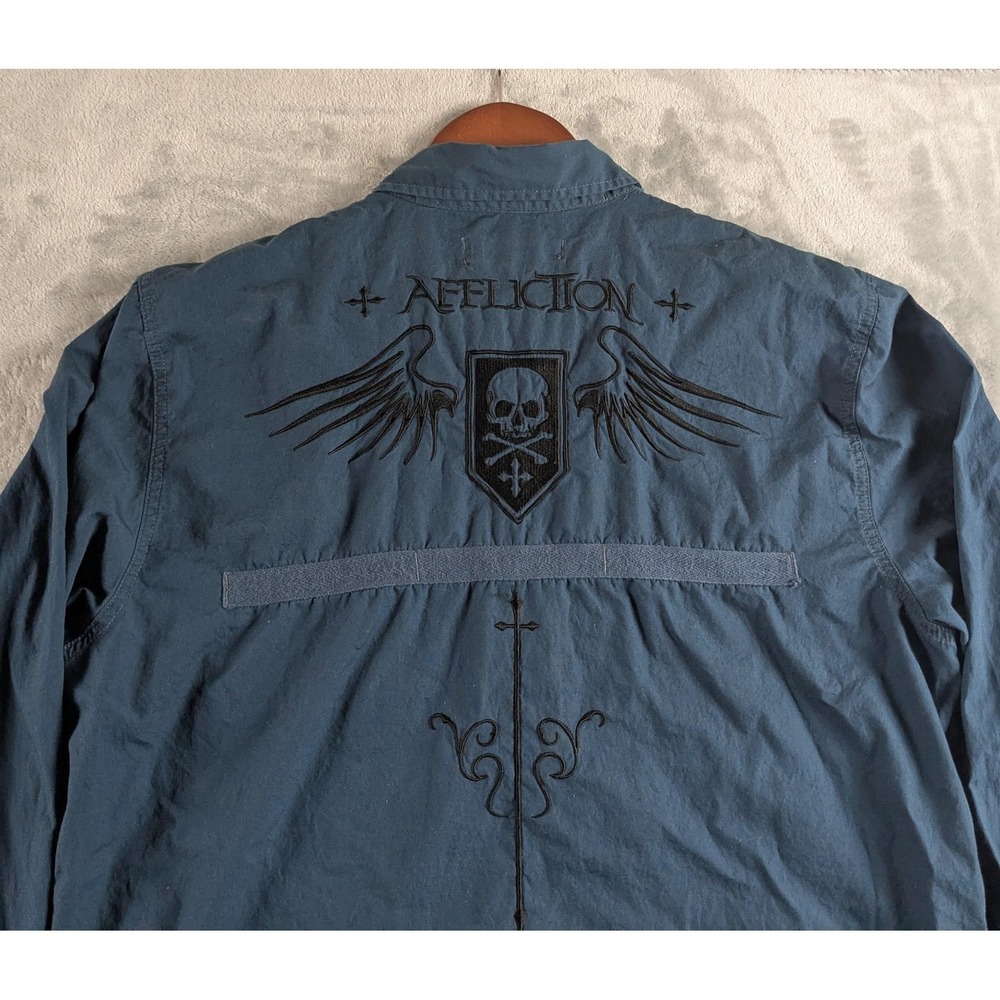 Affliction Black Premium Shirt Mens M Blue Skull Wings Long Sleeve Embroidered